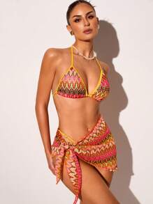 Glamine Set de 3 piezas Traje de baño de bikini de estilo crochét con tirantes de red casual para vacaciones en la playa, para mujeres, primavera/verano - Multicolor - Ver 2