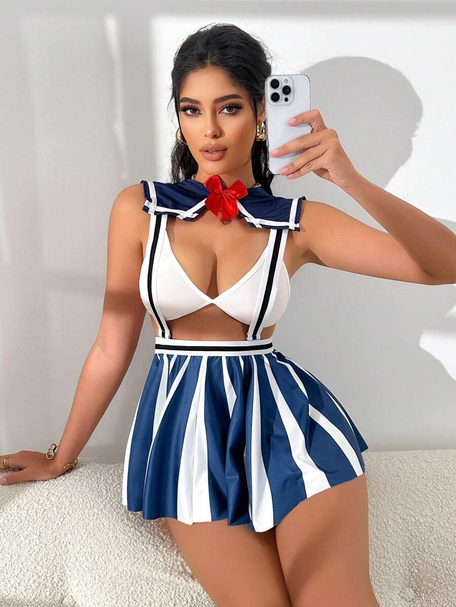 3-Piece Women Costume Set: Cropped Tank Top, Bib Overall Dress, Collar - Blue and White - View 1