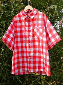 Manfinity VCAY Unisex Casual Loose Woven Plaid Short Sleeve Shirt, Suitable For Everyday Wear