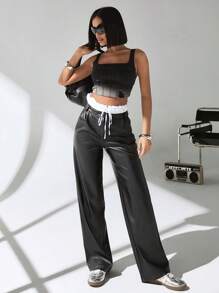 Women Solid Color PU High Waist Wide Leg Pants - Black - View 5