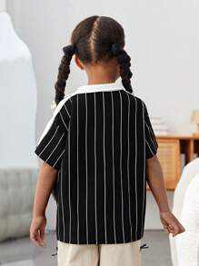 SHEIN Young Girl Black Contrasting Color Knit Oversized Casual T-Shirt,Short Sleeve Summer School Sport Youth Girls Shirts Clothing Sets Tops,Spring - Black and White - View 2