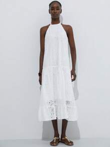 Aveloria Modichic Southern French Style Hollow Out Embroidered Backless Halter Patchwork Ruffle Hem Long Dress For Women - White - View 4