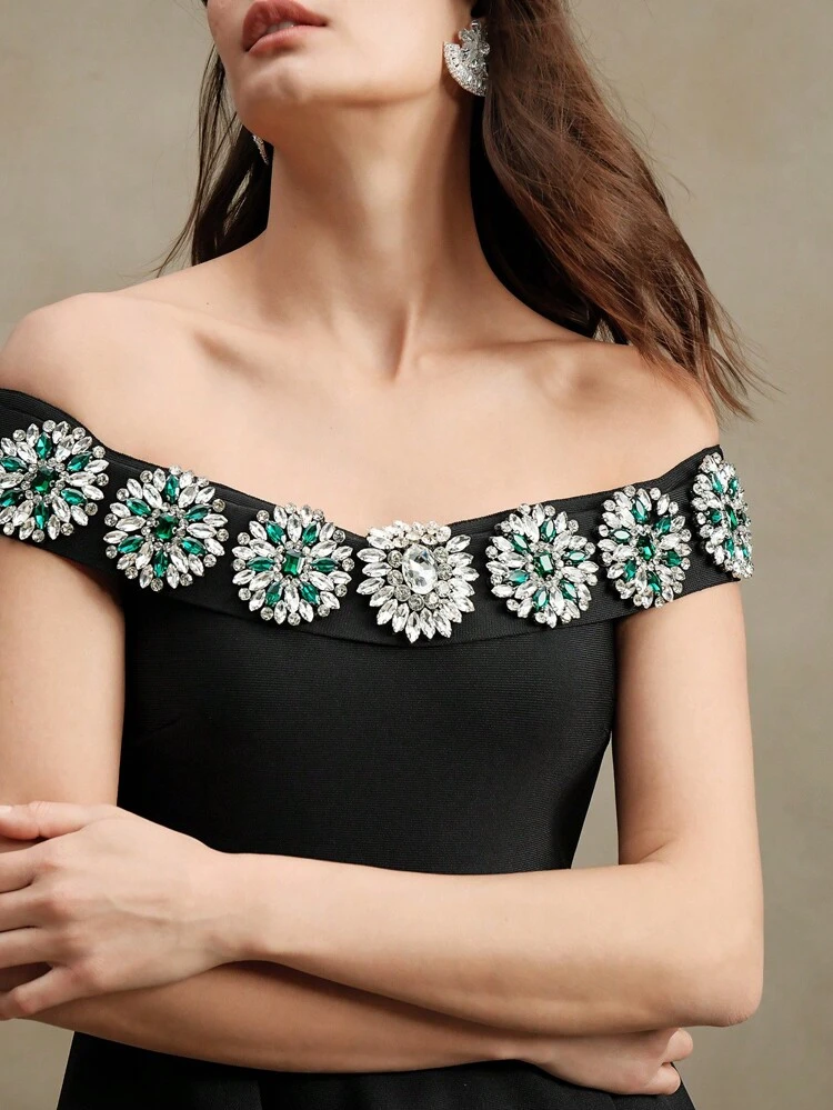 Sexy Off Shoulder Bejeweled Cocktail Dress, Suitable For Elegant Party, Festival, Summer, Spring, Wedding Guest