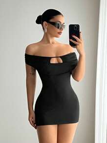 EgrlEra Women's Elegant Sexy Party Off-Shoulder Cut-Out Waist Bodycon Mini Dress, Little Black Dress - Black - View 6