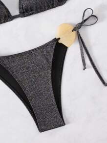 Swim SXY 2 piezas Conjunto de bikini para resort de playa, tela metálica con accesorios de conchas, conjunto de verano para mujer - Negro - Ver 7