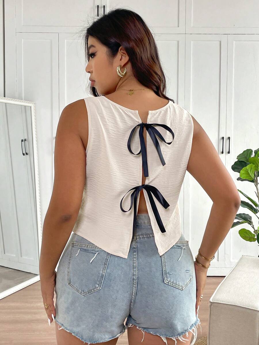 SHEIN Frenchy Plus Size Casual Bowknot Color Blocking Strap Camisole - Apricot - View 1