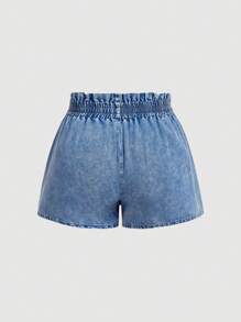 SHEIN MOD Plus Size Blue Elastic Waist Embroidered Denim Shorts - Light Wash - View 2