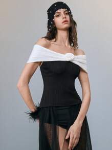 SHEIN LUNE Sexy Off-Shoulder Women's Knit Top With Black And White Contrast And 3D Floral Details, Slim-Fit Women's Sweater Knit Pullover Fall Winter - Black and White - View 5