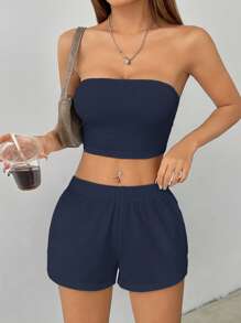 SHEIN PETITE Women's Solid Color Casual Two Pieces Set, Summer Sets - Navy Blue - View 5