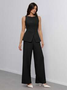 SHEIN Tall Women's Solid Color Round Neck Single-Breasted Vest And Pants Elegant Commuter Suit, Summer Fall Women Clothes Women Set Office Wear Business Casual Women Two Pieces Outfits Fall Women Office Wear Women Set Women Blazers Set,Business Casual Woman - Black - View 4