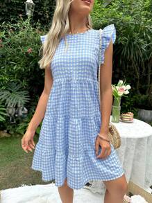 SHEIN Maternity Plaid Round Neck Ruffled Hem Cap Sleeve Cute Nursing Dress - Blue and White - View 8