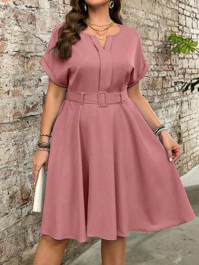 DreamSkyne 大码休闲度假酒红色深 V 领腰系带中长连衣裙