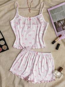 SHEIN Teen Girl Butterfly Accent Pink Cami Top And Shorts Set, Cute/Sweet/Clean Style, Comfortable Homewear, Clothes Suitable For Casual Wear, Back To School