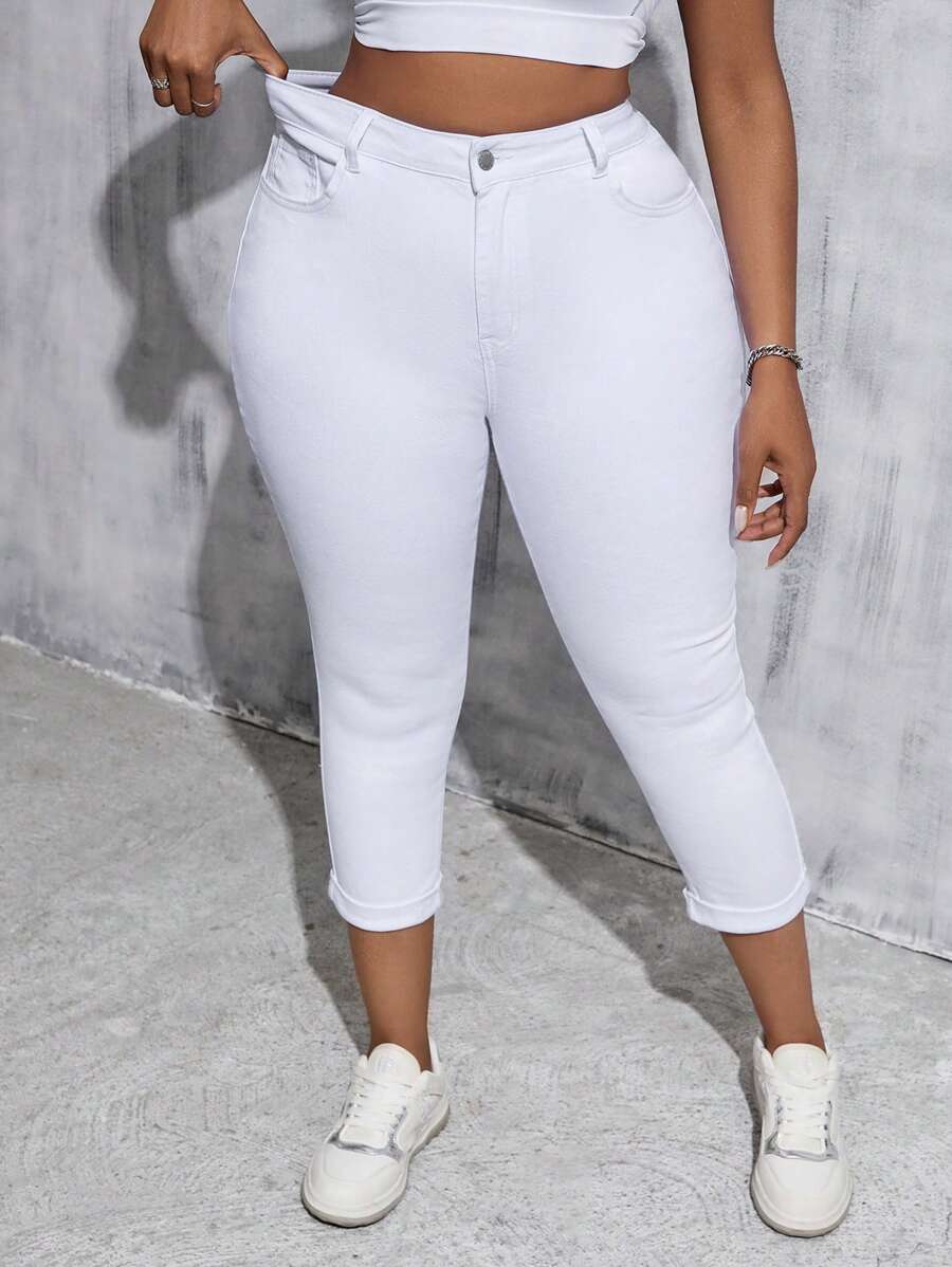 Quần Capri bó sát co giãn bằng vải denim trắng cỡ lớn dành cho nữ - trắng - Xem 1