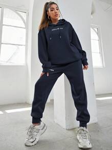 Cotton Slogan Graphic Drop Shoulder Drawstring Hoodie & Sweatpants - Navy Blue - View 6