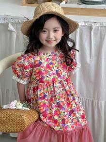 DAZY Young Girl Floral Print Cute Puff Sleeve Round Neck Mini Dress,Girls Summer Outfits