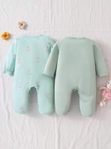 2pcs Newborn Baby Green Minimalist Fashion Cute Bow Floral 3D Rabbit Print Long Sleeve Jumpsuit Romper Set