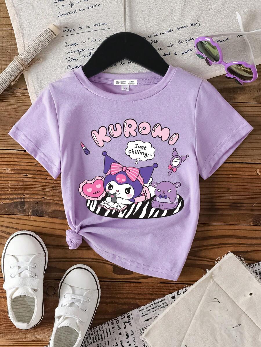 HELLO KITTY AND FRIENDS | SHEIN Ung flicka Casual mönster kortärmad T-shirt, lämplig för sommaren - Violet - Visa 1