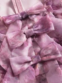 SHEIN MOD 花卉印花荷叶边蝴蝶结娃娃裙泡泡袖欧根纱连衣裙，粉色