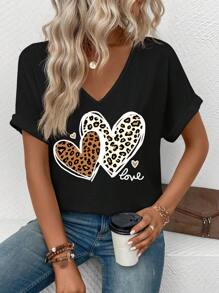 SHEIN Dames V-hals korte mouwen casual luipaard hart print T-shirt, veelzijdige lente/zomer