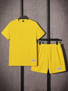 SHEIN 2pcs/Set Teen Boys' Casual Loose Comfortable Graphic Decorated Short Sleeve Top And Shorts Set, Suitable For Spring/Summer - Yellow - View 3