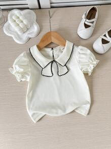 SHEIN Elladie kids 女宝宝优雅简约百搭蝴蝶结设计领针织罗纹泡泡袖上衣，春夏 - 白色 - 查看 2