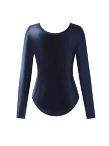 SHEIN 1pc Tween Girl Cute Long Sleeve Gymnastics Leotard, Stretchy High Elasticity Snug Fit Glossy Sparkly Gymnastics Bodysuit, Green