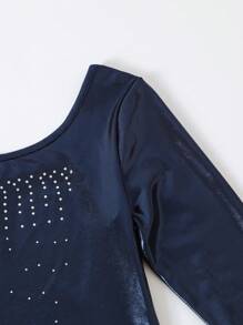 SHEIN 1pc Tween Girl Cute Long Sleeve Gymnastics Leotard, Stretchy High Elasticity Snug Fit Glossy Sparkly Gymnastics Bodysuit, Green