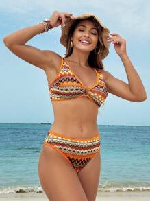SHEIN Swim Conjunto de traje de baño con chaleco de tela especial para deportes de playa para mujer - Naranja - Ver 8
