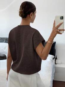 Siren Gaze Women Floral Pattern Round Neck Loose Knit Short Sleeve Top,Knitted Sweater Brown