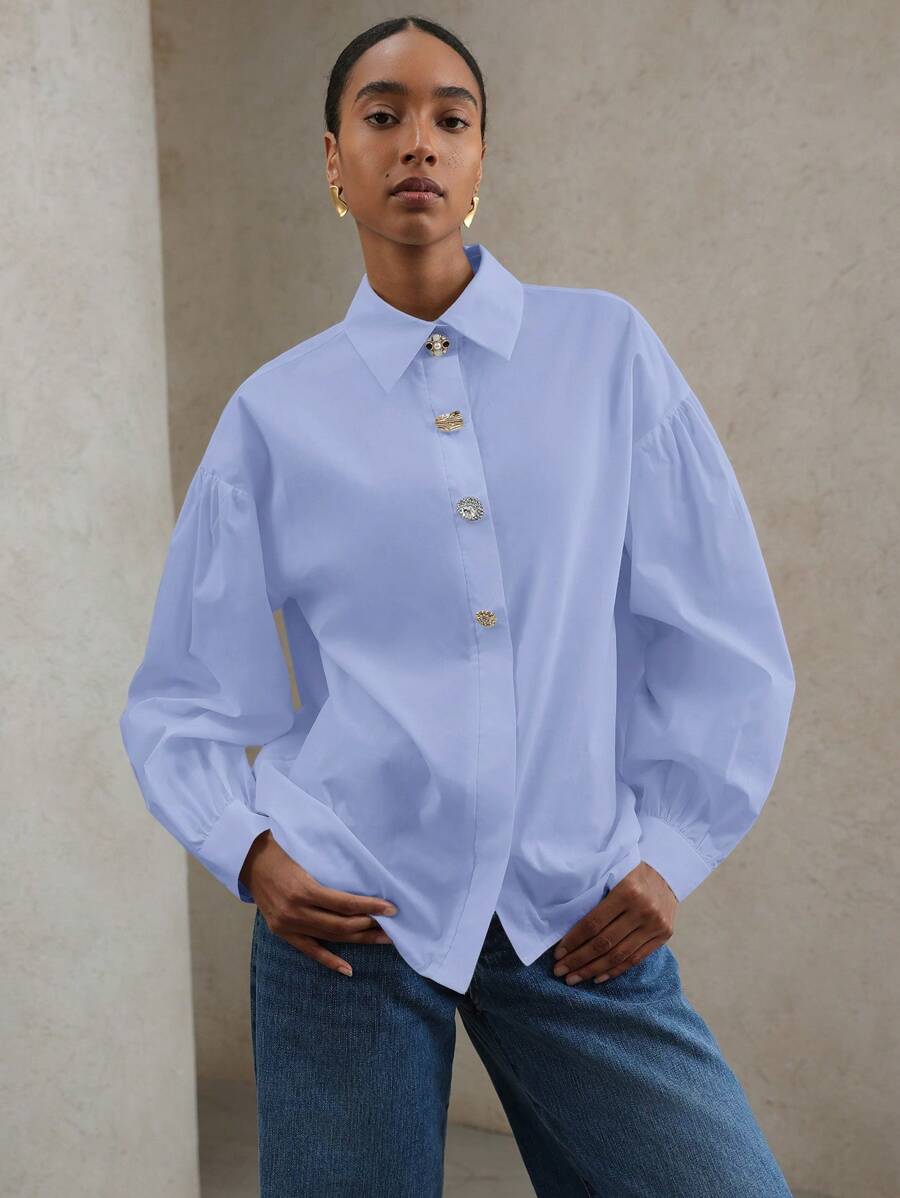 Aveloria Modichic Minimalist Artistic Collared Button Front Long Sleeve Mid-Length Shirt For Women - Blue - View 1