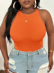 SHEIN PETITE CURVE 大码休闲修身 V 领无袖上衣 - 橘色 - 查看 8