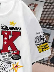 SHEIN EZwear 95%纯棉女士休闲圆领短袖T恤，印有标语 - 彩色 - 查看 6