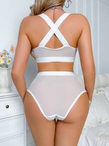 SHEIN 2pcs Women Lingerie Set, See-Through Lace Bra Without Padding - White - View 2