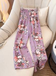 Chiquease Quần ống rộng lưng thun in hoa cho nữ, thích hợp mặc đi nghỉ - Màu tím - Xem 1