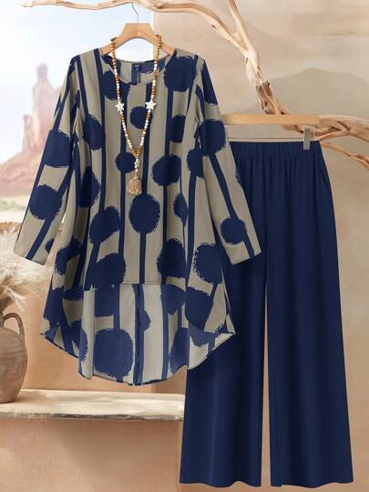 Rusticease Plus Size Women 2-częściowy zestaw Geometryczny nadruk Okrągły dekolt Długi rękaw Asymetryczny dół Top i spodnie, Casual, zimowy zestaw