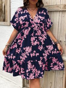 Breezaya Plus Size Casual Batwing Sleeve Allover Print Dress - Navy Blue - View 1