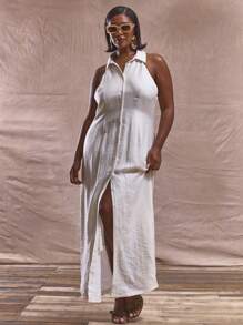 MUSERA 加大码领口纽扣合身腰部无袖优雅可爱休闲连衣裙，适合商务、毕业、优雅、正式、早午餐、假日飘逸、百搭、宽松、休闲秋冬秋季 - 白色 - 查看 1