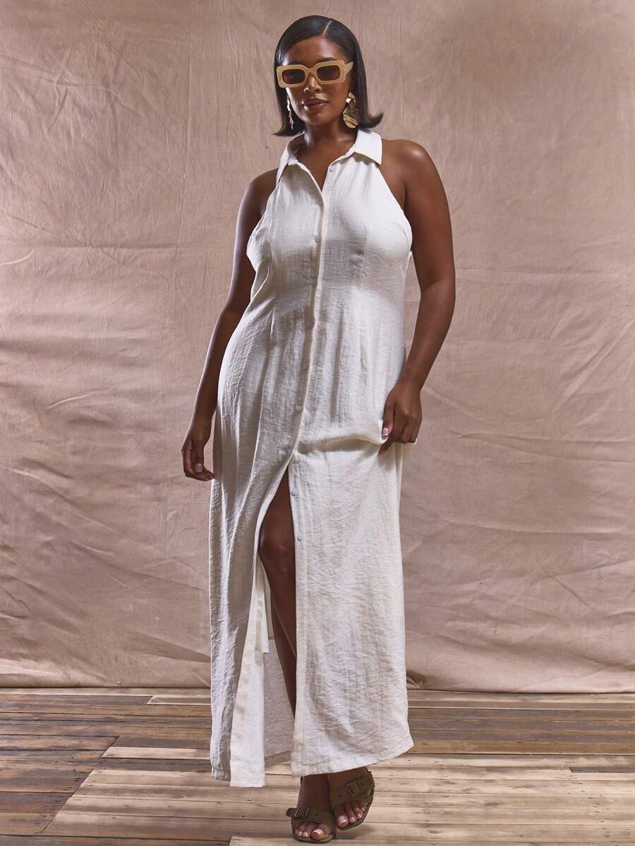 MUSERA 加大码领口纽扣合身腰部无袖优雅可爱休闲连衣裙，适合商务、毕业、优雅、正式、早午餐、假日飘逸、百搭、宽松、休闲秋冬秋季 - 白色 - 查看 1