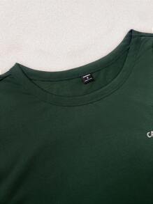 Manfinity Unisex 2pcs Unisex Casual Knit Letter Print Striped Drawstring Waist Straight Shorts & T-Shirt Set, Suitable For Daily Wear - Green - View 6