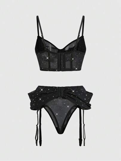 ROMWE Avant Conjunto de lencería sexy con corte bajo, con sujetador con aros, de malla con lentejuelas, para fiestas, baile y rave, para mujeres