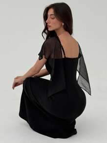 Aloruh Women's Mesh Patchwork Round Neck Waisted Long Dress,Tea Party Dress,Summer Dresses For Women,Business Casual Woman - Black - View 3