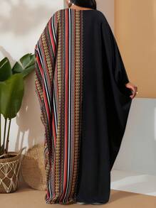 SHEIN Lady 大码 V 领长袖纯色拼接宽松休闲连衣裙长袍万圣节服装万圣节服装度假服装女士 - 黑色 - 查看 2