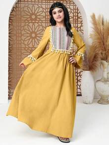 Teen Girl Round Neck Long Sleeve Simple Fashion Dress, Suitable For Summer - Yellow - View 6