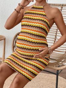 SHEIN Rochie de maternitate fără mâneci cu dungi cu imprimeu în contrast - Negru - Vizualizare 4