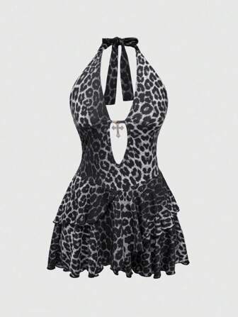 J-Fashion Plus Size Women Y2K Retro Subculture Sexy Cross Halter Ruffled Hem Dress
