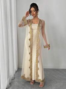 SHEIN Unity 女士蕾丝亮片拼接透明雪纺连衣裙搭配吊带上衣，两件套 - 杏色 - 查看 4