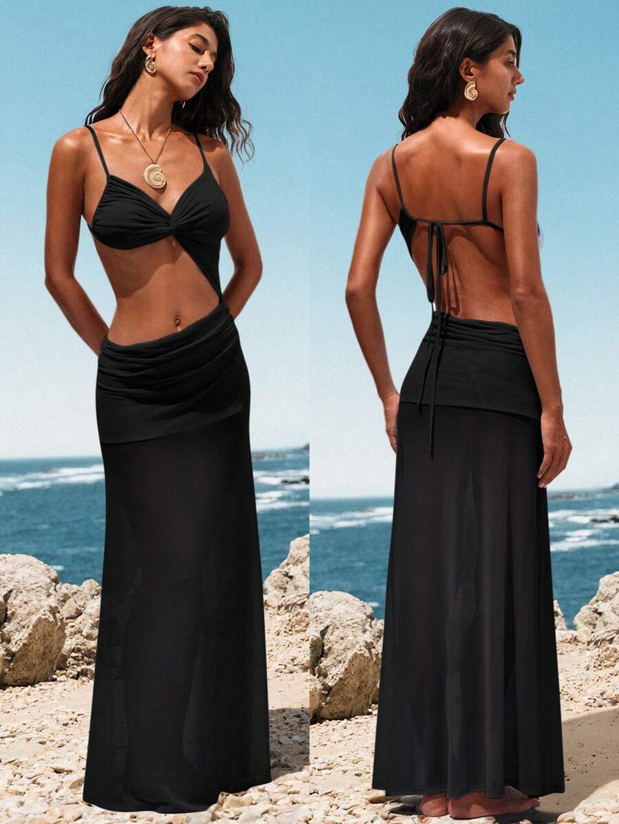 Opulessa Robe maxi élégante et sexy pour femme, tenue d'été pour vacances, en maille ajourée, à bretelles spaghetti et dos nu, disponible en couleur unie, idéale pour la plage, les festivals, les mariages, les soirées entre amis et les anniversaires - Noir - Voir 1