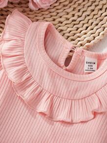 2 件套 新生女童公主罗纹面料荷叶边长袖上衣和裤子家居服 - 粉色 - 查看 4