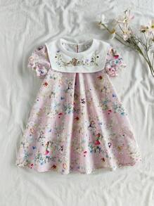 Vintaside Kids Vestido mini lindo con decoración de conejo, manga abullonada corta y bordado floral para niña joven - Rosa - Ver 3
